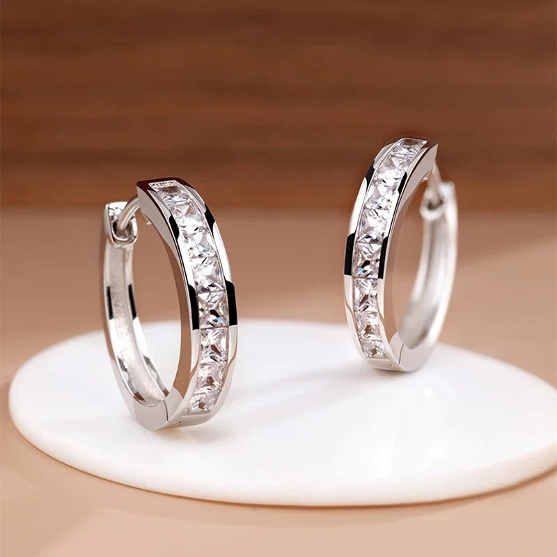 New 925 Sterling Silver Shining Zircon Earrings Women's Circle Round Earrings Fashionable Elegant Jewelry
