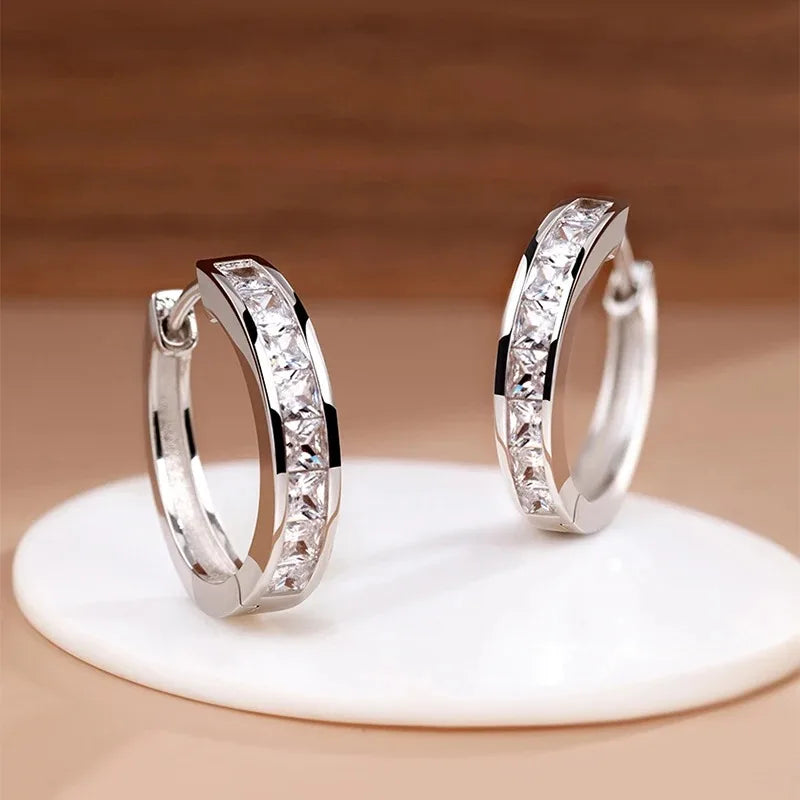 New 925 Sterling Silver Shining Zircon Earrings Women's Circle Round Earrings Fashionable Elegant Jewelry